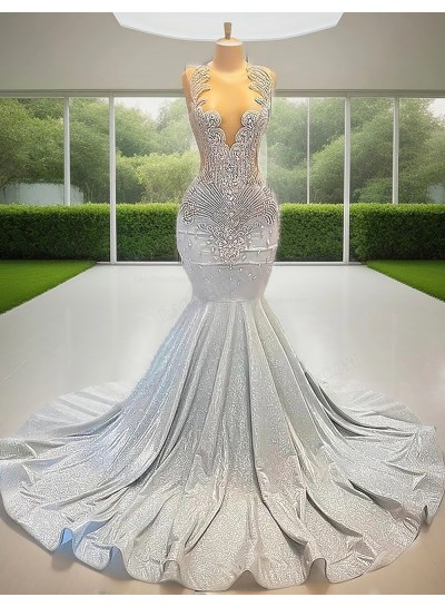 Silver V-neck Ruffles Mermaid Prom Dresses with Beaded