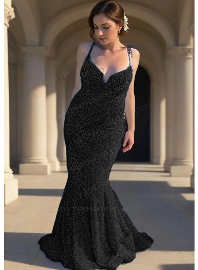 Black Sequins Spaghetti Straps V-Neck Mermaid Prom Dresses with Ruffles