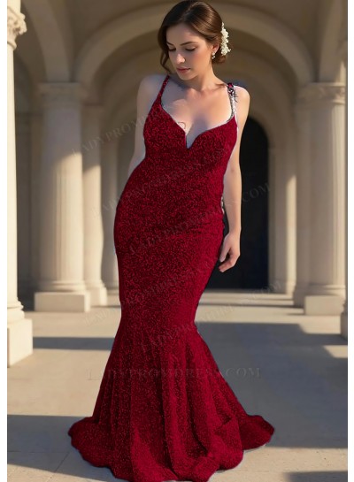 Burgundy Sequins Spaghetti Straps V-Neck Mermaid Prom Dresses with Ruffles