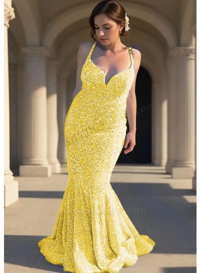 Daffodil Sequins Spaghetti Straps V-Neck Mermaid Prom Dresses with Ruffles