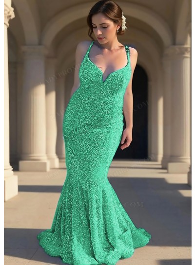 Emerald Sequins Spaghetti Straps V-Neck Mermaid Prom Dresses with Ruffles