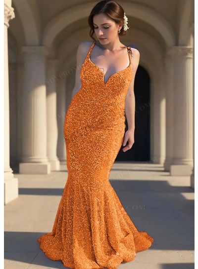 Orange Sequins Spaghetti Straps V-Neck Mermaid Prom Dresses with Ruffles