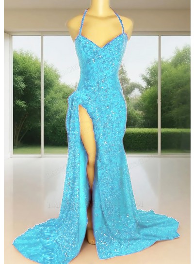 Blue Sequins Halter Neck High-Slit Mermaid Prom Dresses