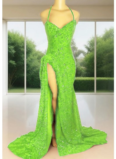 Lime Green Sequins Halter Neck High-Slit Mermaid Prom Dresses