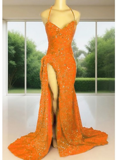 Orange Sequins Halter Neck High-Slit Mermaid Prom Dresses