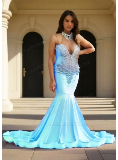 Blue Halter Satin Ruffles Mermaid Prom Dresses with Beaded
