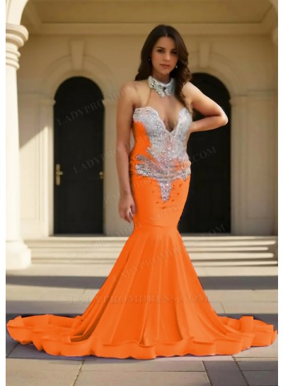 Orange Halter Satin Ruffles Mermaid Prom Dresses with Beaded