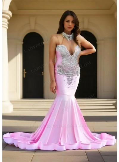 Pink Halter Satin Ruffles Mermaid Prom Dresses with Beaded