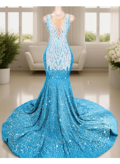 Blue V-neck Sleeveless Glitter Mermaid Prom Dresses