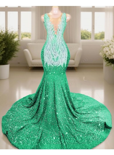 Emerald V-neck Sleeveless Glitter Mermaid Prom Dresses