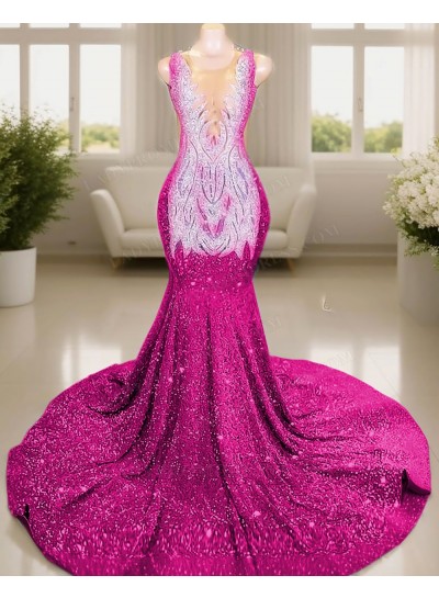 Fuchsia V-neck Sleeveless Glitter Mermaid Prom Dresses