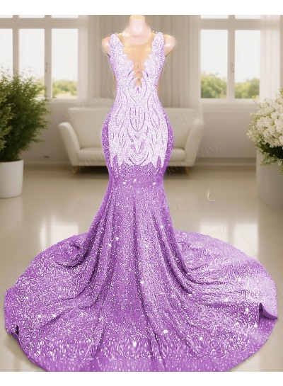 Lilac V-neck Sleeveless Glitter Mermaid Prom Dresses