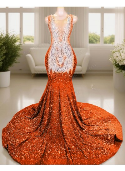 Orange V-neck Sleeveless Glitter Mermaid Prom Dresses