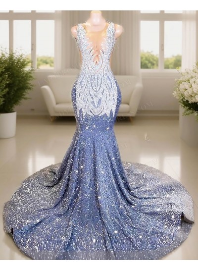 Silver V-neck Sleeveless Glitter Mermaid Prom Dresses