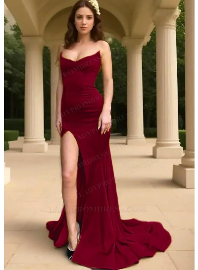 Burgundy Strapless Side Slit Sheath Formal Prom Dresses