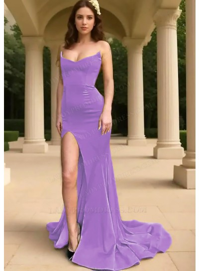 Lilac Strapless Side Slit Sheath Formal Prom Dresses