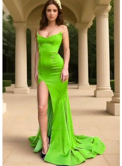 Lime Green Strapless Side Slit Sheath Formal Prom Dresses