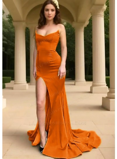 Orange Strapless Side Slit Sheath Formal Prom Dresses