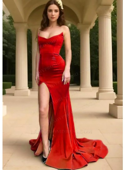 Red Strapless Side Slit Sheath Formal Prom Dresses