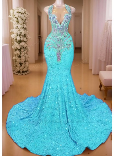 Blue Sequined V-neck Mermaid Prom Dresses with Sparkling Beaded