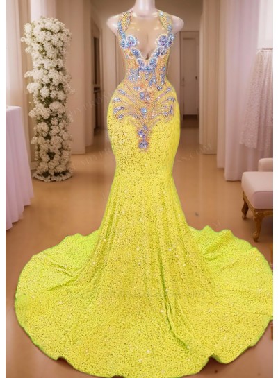 Daffodil Sequined V-neck Mermaid Prom Dresses with Sparkling Beaded