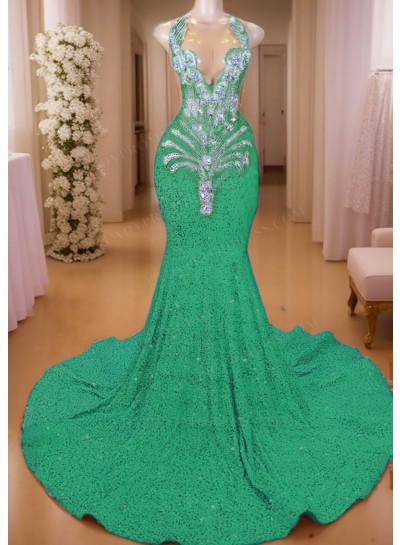 Emerald Sequined V-neck Mermaid Prom Dresses with Sparkling Beaded