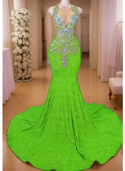 Lime Green Sequined V-neck Mermaid Prom Dresses with Sparkling Beaded