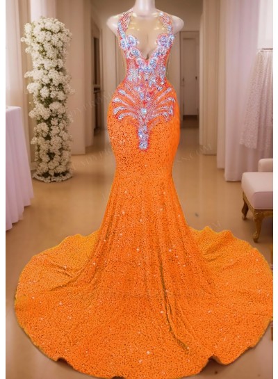 Orange Sequined V-neck Mermaid Prom Dresses with Sparkling Beaded