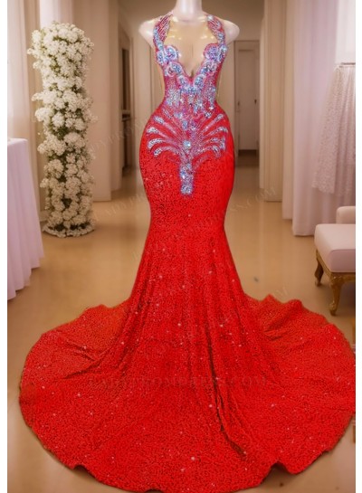 Red Sequined V-neck Mermaid Prom Dresses with Sparkling Beaded