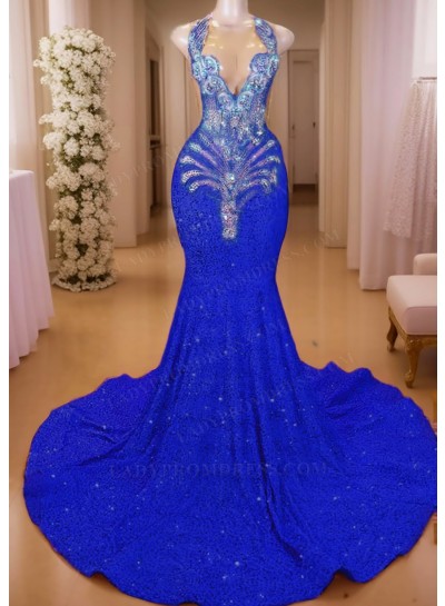 Royal Blue Sequined V-neck Mermaid Prom Dresses with Sparkling Beaded