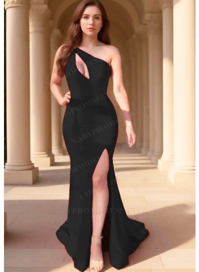 Black One Shoulder Hollow Collar High Slit Satin Party Prom Dresses