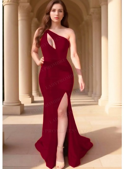 Burgundy One Shoulder Hollow Collar High Slit Satin Party Prom Dresses