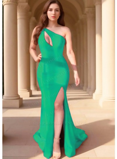 Emerald One Shoulder Hollow Collar High Slit Satin Party Prom Dresses