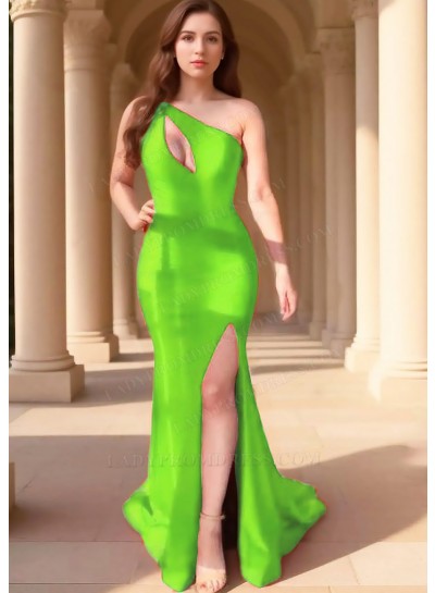 Lime Green One Shoulder Hollow Collar High Slit Satin Party Prom Dresses