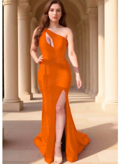 Orange One Shoulder Hollow Collar High Slit Satin Party Prom Dresses