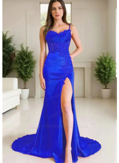 Royal Blue Spaghetti Straps Satin High-Slit A-line Prom Dresses with Appliques