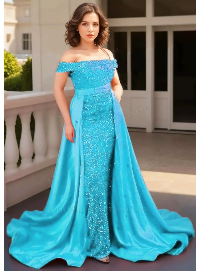 Blue Off-Shoulder Sequined Cape Removable Train Sheath Prom Dresses