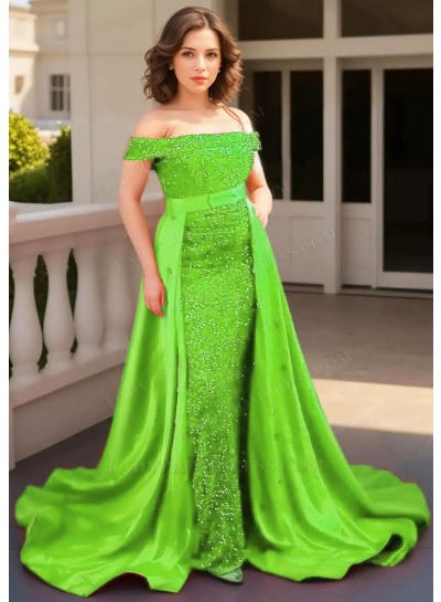 Lime Green Off-Shoulder Sequined Cape Removable Train Sheath Prom Dresses