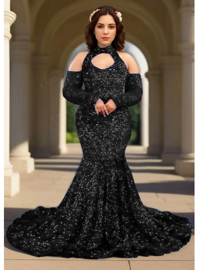 Black Open Shoulder Long Sleeves Sequined Mermaid Prom Dresses