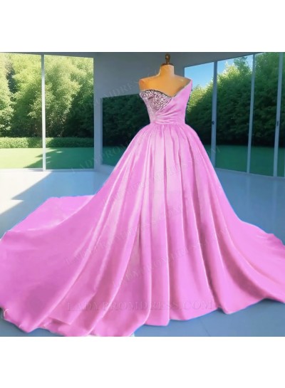 Pale Pink Ball Gown Satin One Shoulder Beaded Quinceanera Prom Dresses