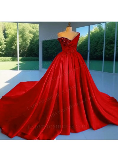 Red Ball Gown Satin One Shoulder Beaded Quinceanera Prom Dresses