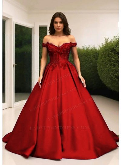 Red Ball Gown Off the Shoulder Satin Quinceanera Prom Dresses with Appliques