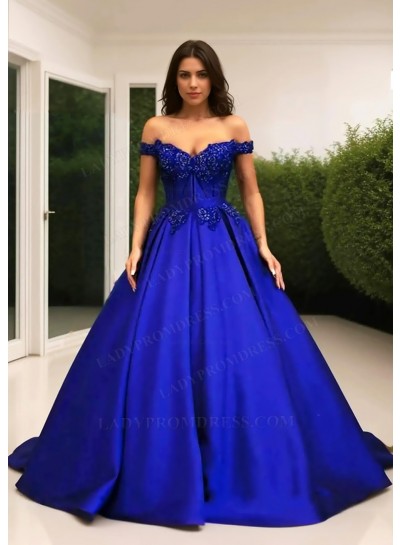 Royal Blue Ball Gown Off the Shoulder Satin Quinceanera Prom Dresses with Appliques
