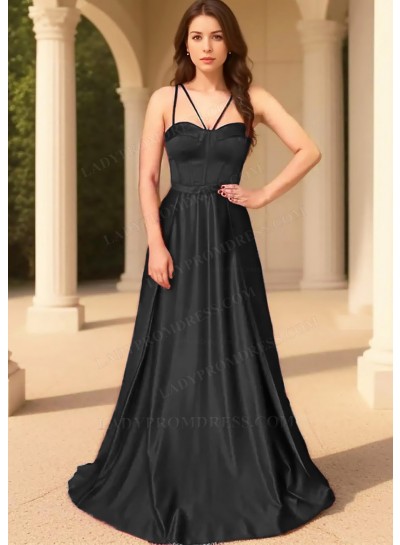Black Spaghetti Straps Satin Fabric Floor Length Prom Dresses