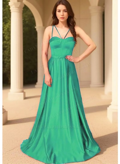 Emerald Spaghetti Straps Satin Fabric Floor Length Prom Dresses