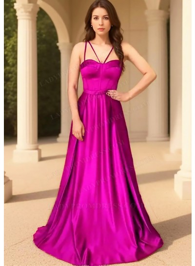 Fuchsia Spaghetti Straps Satin Fabric Floor Length Prom Dresses