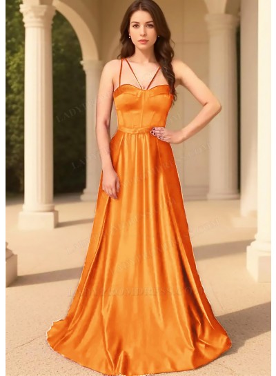 Orange Spaghetti Straps Satin Fabric Floor Length Prom Dresses