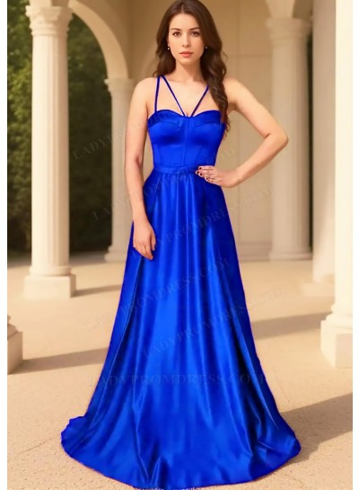 Royal Blue Spaghetti Straps Satin Fabric Floor Length Prom Dresses