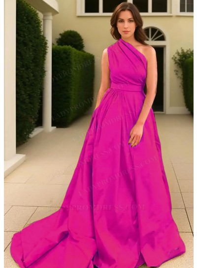 Fuchsia A-line One Shoulder Satin Long Train Prom Dresses