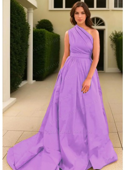 Lilac A-line One Shoulder Satin Long Train Prom Dresses